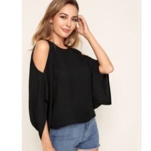 SHEIN Black Keyhole Back Cut Out sleeve Blouse